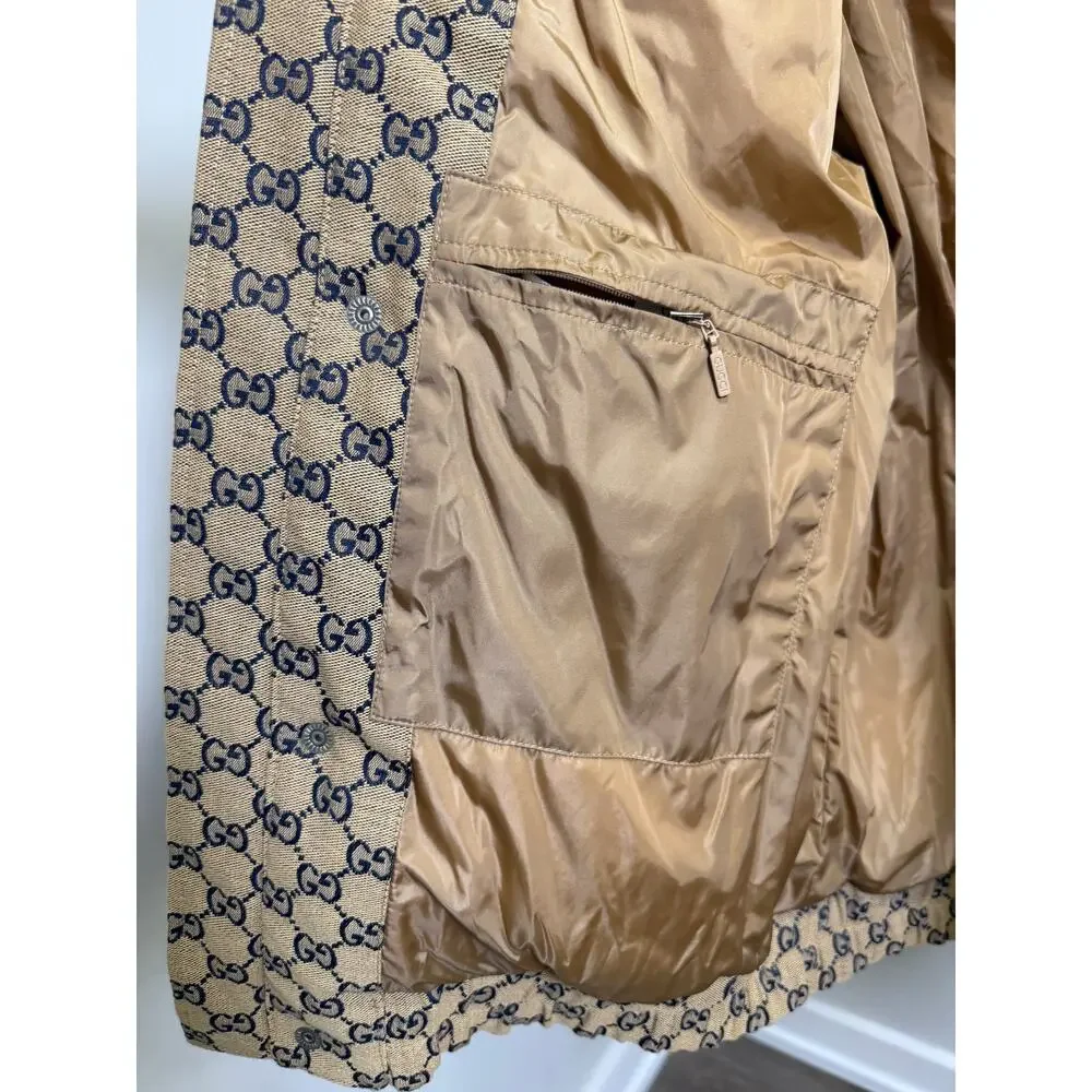 Gucci GG Monogram Down Jacket Navy Beige NWT Size 48 Medium Hooded Puffer